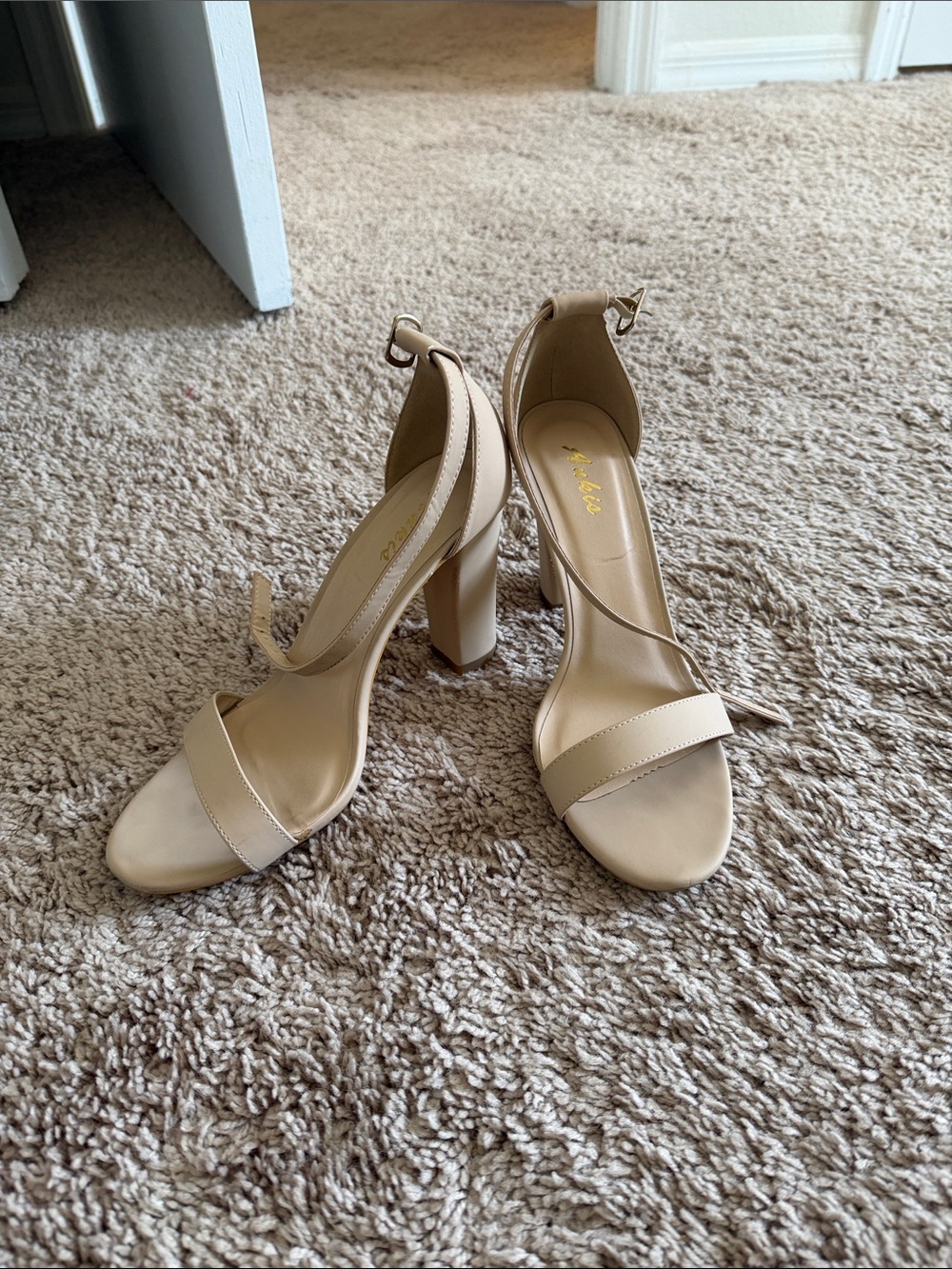 Beige Ankle-Strap Block Heel Sandals